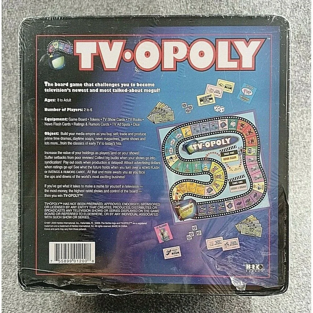Vintage 2000 Herbko TV-OPOLY Board Game Sealed Metal Tin Media Mogul Game New
